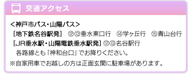 交通アクセス　＜神戸市バス・山陽バス＞［地下鉄名谷駅発］ 12・13垂水東口行　14学ヶ丘行　15青山台行　［JR垂水駅・山陽電鉄垂水駅発］12・13名谷駅行　各路線とも「神和台口」でお降りください。※自家用車でお越しの方は正面玄関に駐車場があります。